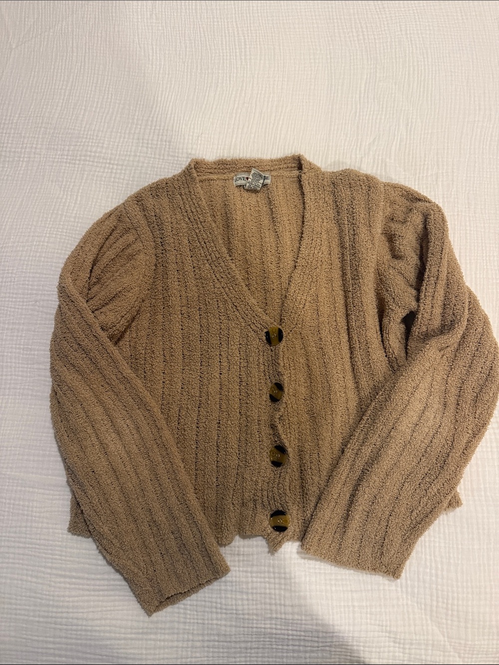 Ribbed V-Neck Button Cardigan - Beige/Tan